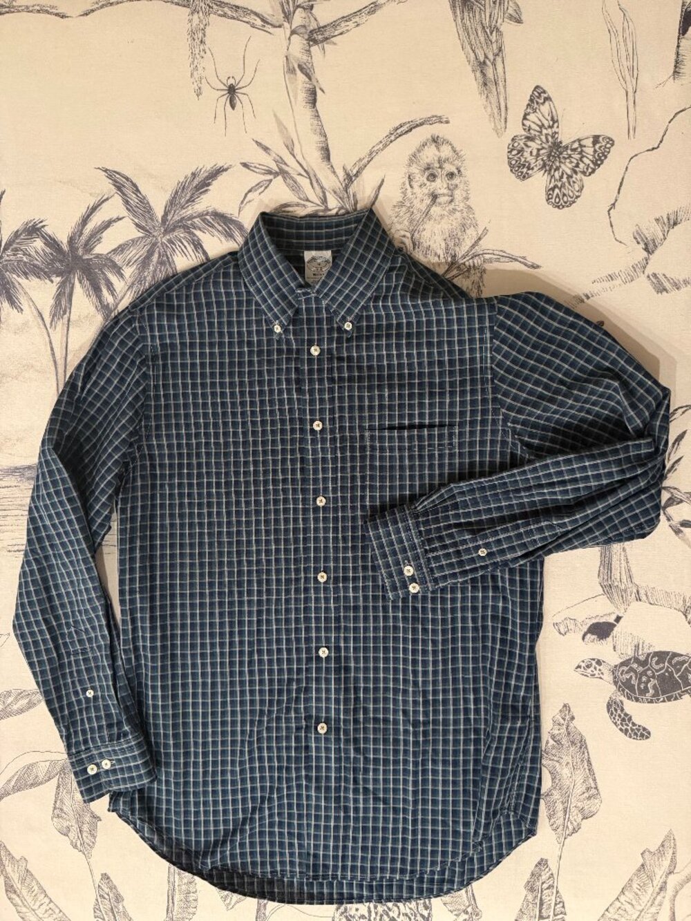 Brooks Brothers Men's M Regent Fit Plaid Shirt 1818 Navy Teal 100% Cotton